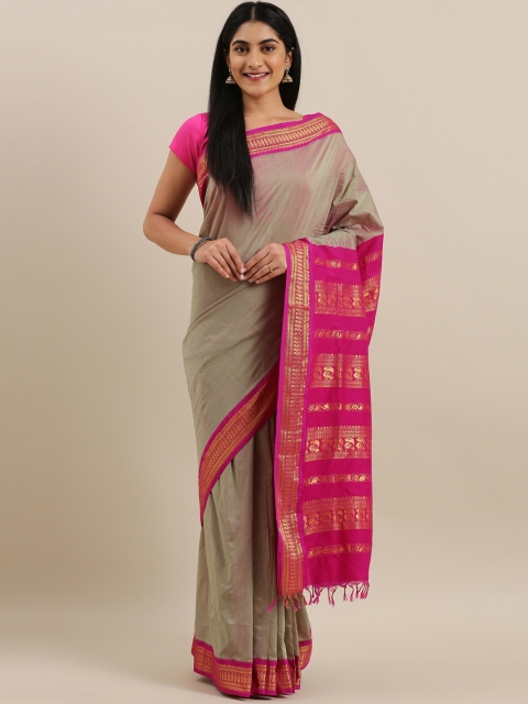 

The Chennai Silks Classicate Olive Green & Pink Polycotton Solid Saree
