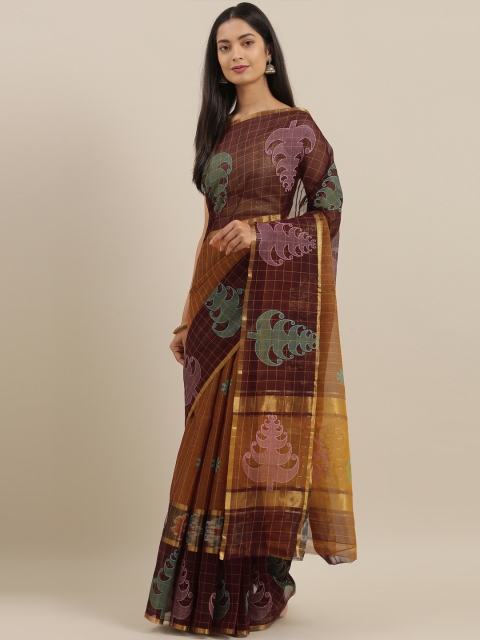 

The Chennai Silks Brown Pure Cotton Checked Venkatgiri Saree