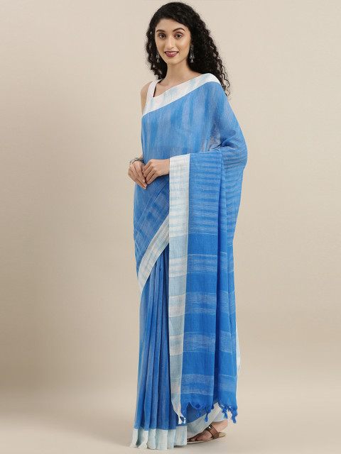 

The Chennai Silks Blue & White Linen Blend Ikat Woven Design Saree