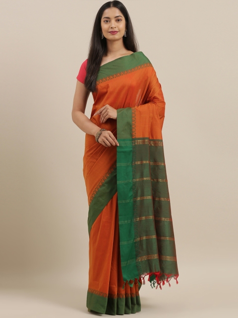 

The Chennai Silks Classicate Rust Orange & Green Polycotton Solid Saree