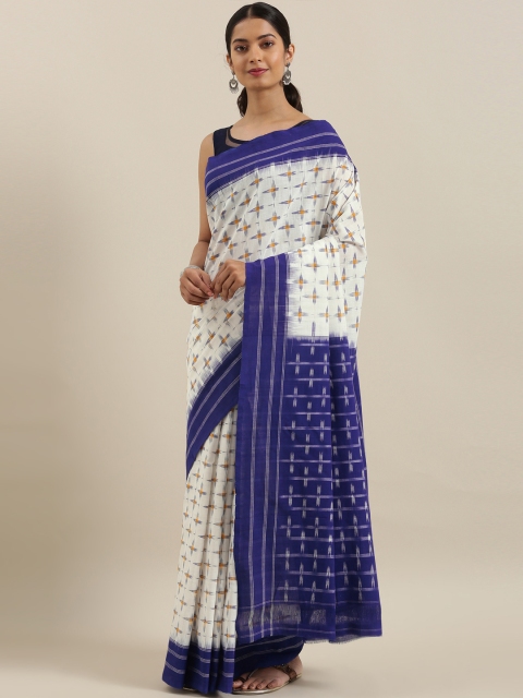 

The Chennai Silks White & Navy Blue Pure Cotton Woven Design Pochampally Saree