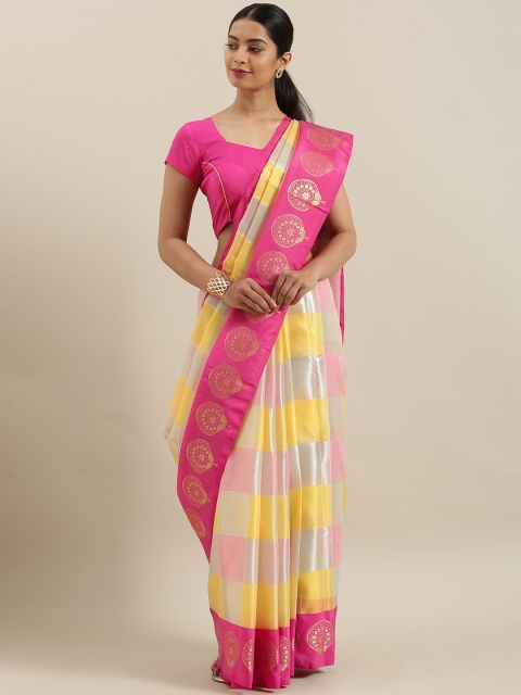 

The Chennai Silks Yellow & Pink Organza Striped Saree with Zari Border