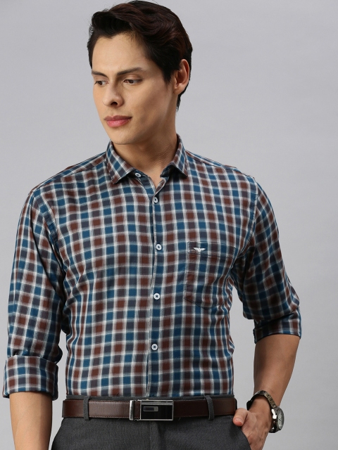 

Park Avenue Men Rust Brown & Teal Blue Slim Fit Checked Casual Shirt