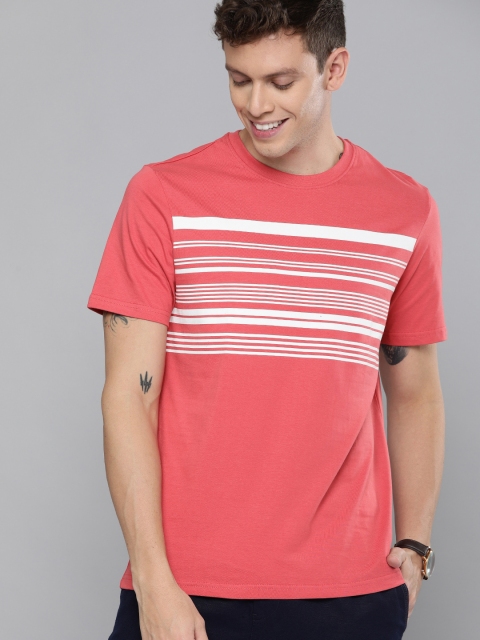 

Mast & Harbour Men Coral Red & White Striped Round Neck T-shirt