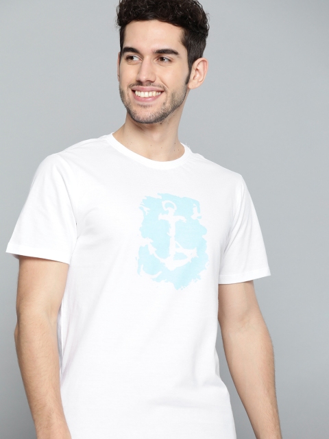 

Mast Harbour Men White Blue Pure Cotton Anchor Printed Round Neck Pure Cotton T-shirt