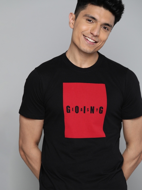 

Mast Harbour Men Black Red Printed Round Neck Pure Cotton T-shirt