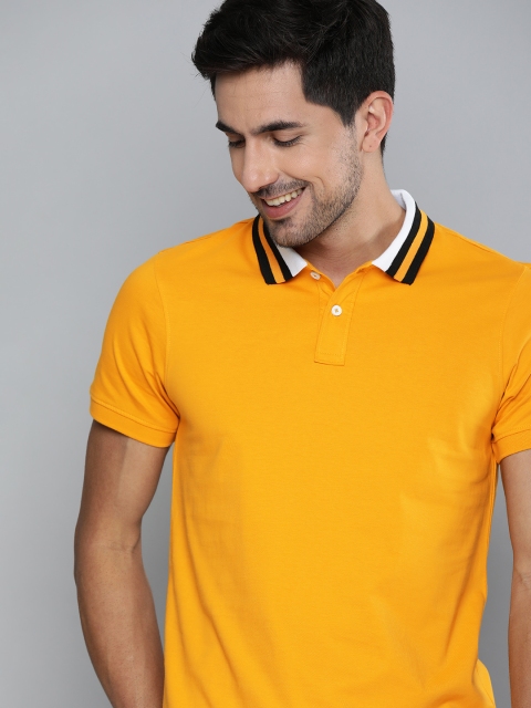 

Mast Harbour Men Mustard Yellow Solid Polo Collar Pure Cotton T-shirt