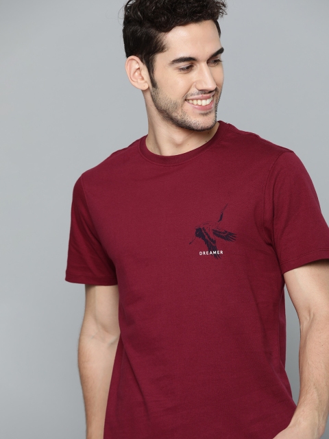 

Mast Harbour Men Maroon Printed Detail Round Neck Pure Cotton T-shirt