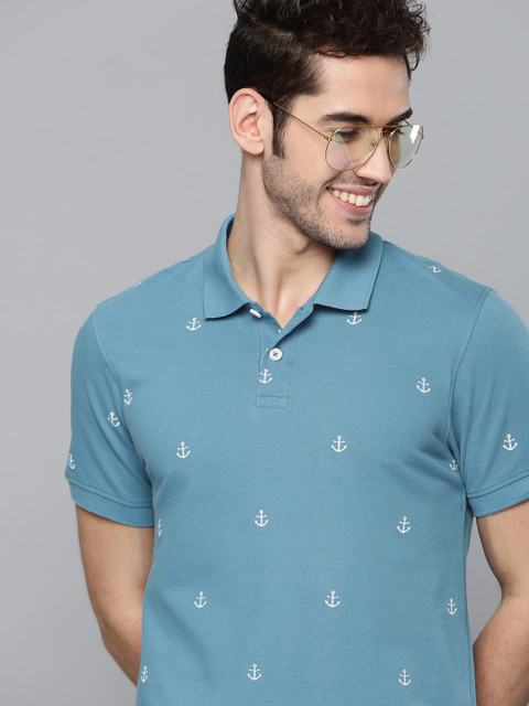 

Mast & Harbour Men Blue & White Anchor Print Polo Collar T-shirt