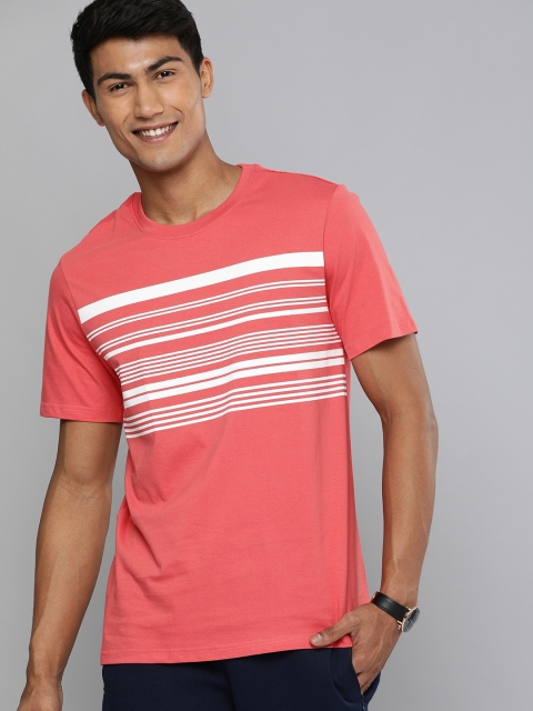 

Mast & Harbour Men Coral Red & White Striped Round Neck T-shirt