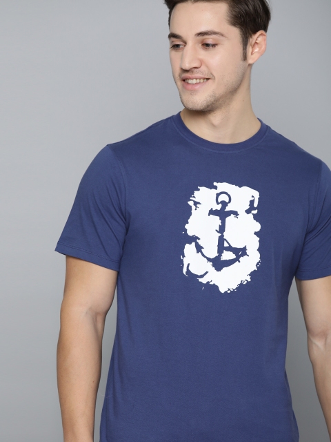 

Mast Harbour Men Navy Blue White Anchor Print Round Neck Pure Cotton T-shirt