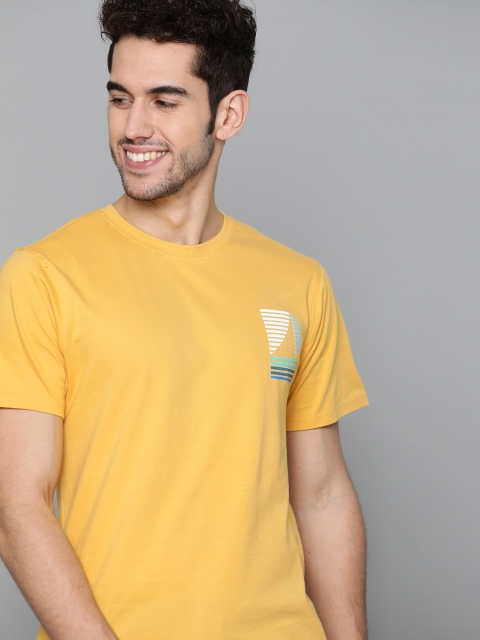 

Mast Harbour Men Mustard Yellow Solid Round Neck Pure Cotton T-shirt