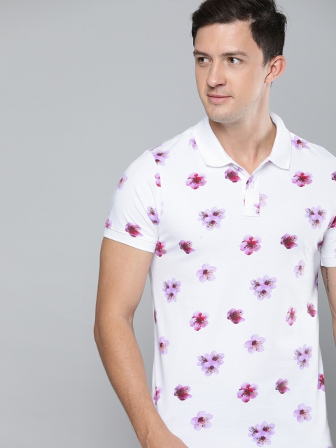 

Mast & Harbour Men White & Lavender Printed Polo Collar T-shirt