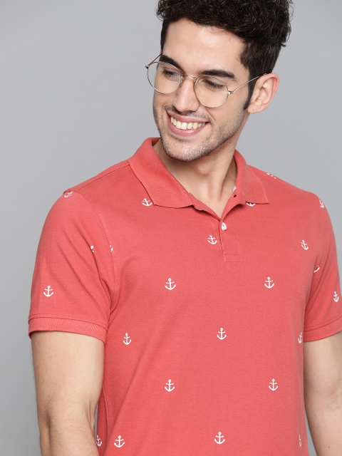 

Mast Harbour Men Coral Red White Pure Cotton Anchor Printed Polo Collar Pure Cotton T-shirt