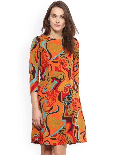 

Harpa Women Orange & Olive Green Printed A-Line Dress