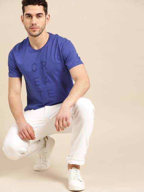 

ether Men Blue Pure Cotton Printed Round Neck T-shirt