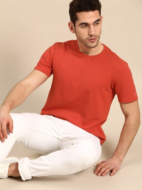 

ether Men Rust Orange Solid Pure Cotton Round Neck T-shirt