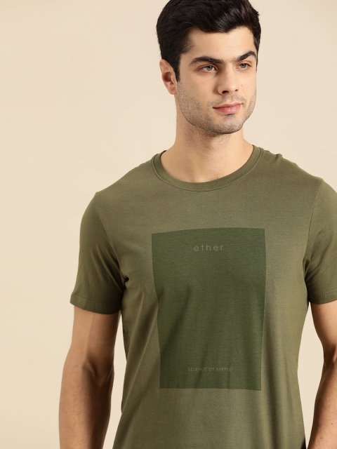 

ether Men Olive Green Colourblocked Pure Cotton Round Neck T-shirt