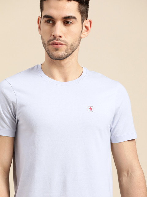 

ether Men Blue Pure Cotton Solid Round Neck T-shirt