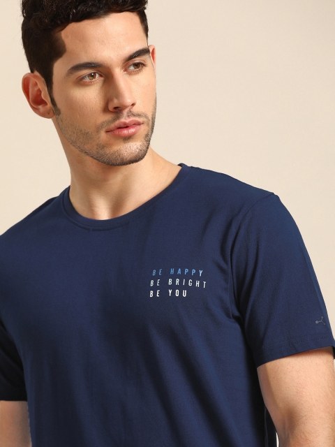 

ether Men Navy Blue Solid Round Neck Pure Cotton T-shirt with Printed Detail