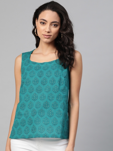 

Fabindia Women Teal Green Pure Cotton Ethnic Motif Printed Top