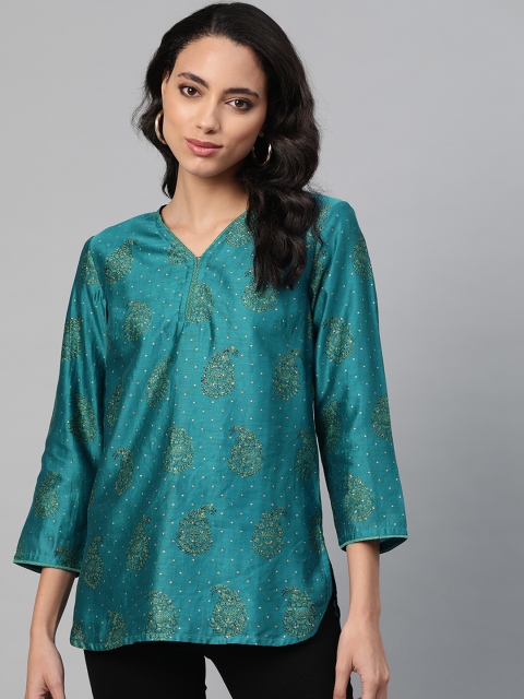 

Fabindia Women Green & Golden Paisley Printed Pure Cotton Straight Kurti