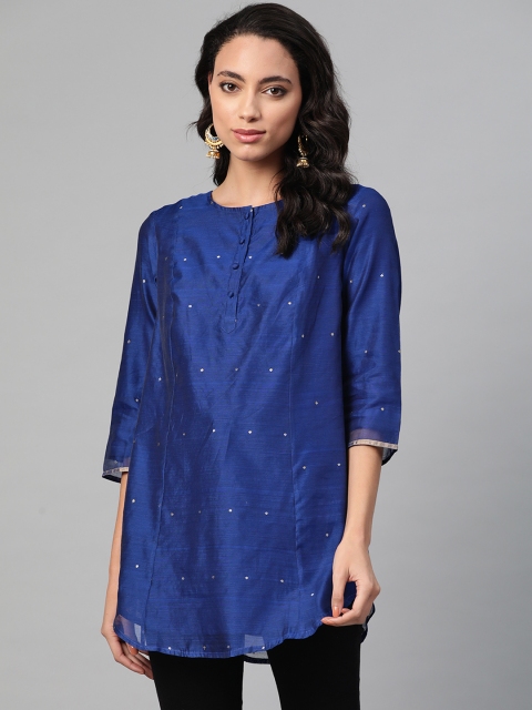 

Fabindia Women Navy Blue & Golden Woven Design Chanderi Silk Panelled Tunic