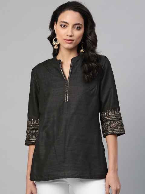 

Fabindia Women Black Solid Pure Silk Straight Kurti