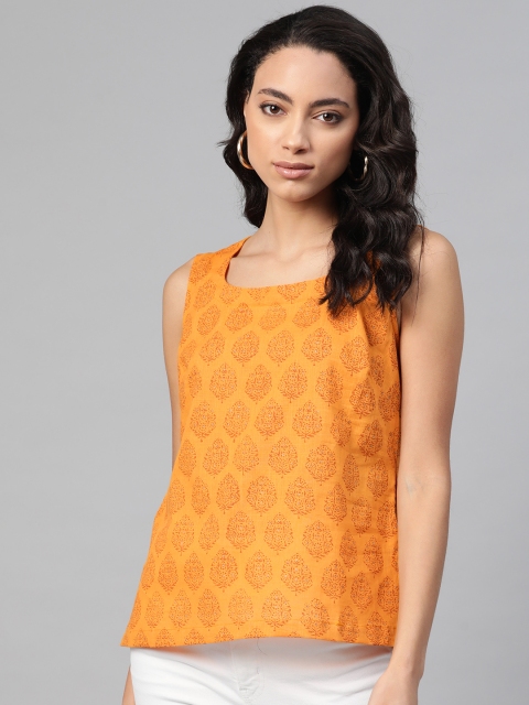 

Fabindia Women Mustard Yellow Pure Cotton Ethnic Motif Printed Top