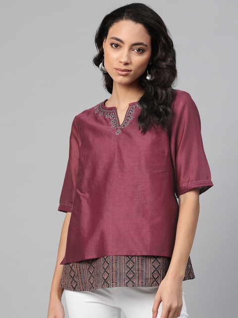 

Fabindia Women Burgundy Solid Layered Top