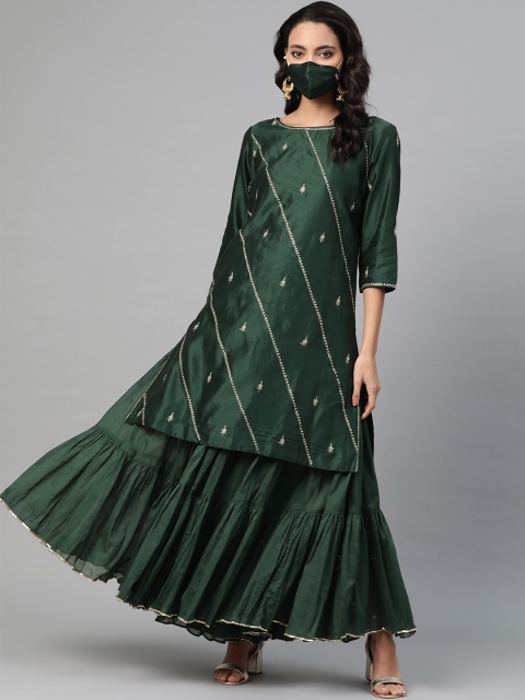 

Fabindia Women Green Golden Self Design Kurta with Sharara
