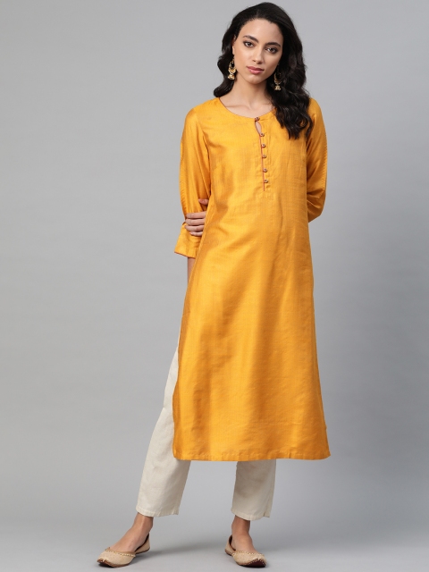 

Fabindia Women Mustard Yellow Self-Striped Straight Kurta