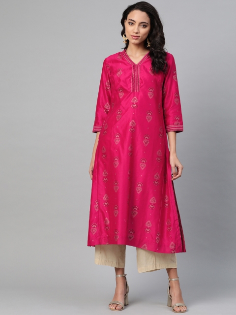 

Fabindia Women Pink & Golden Printed Straight Kurta