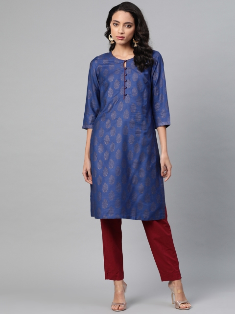 

Fabindia Women Blue & Golden Printed Straight Kurta
