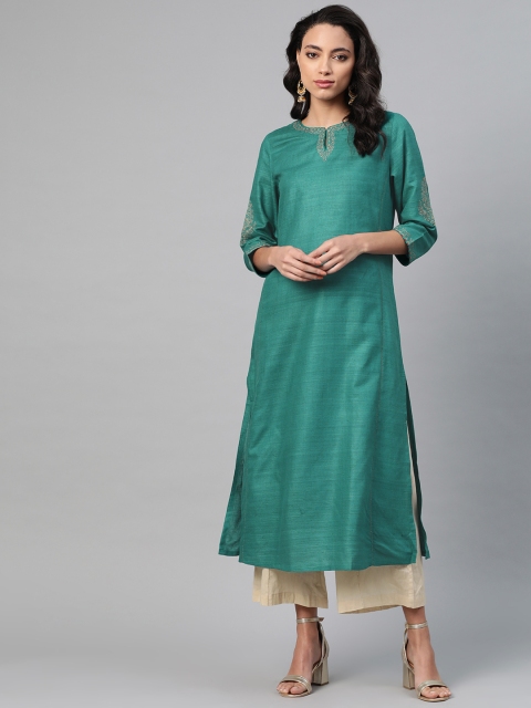 

Fabindia Women Green Pure Silk Solid Handloom Straight Kurta