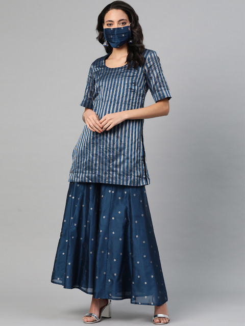 

Fabindia Women Navy Blue Silver Striped Kurti with Palazzos