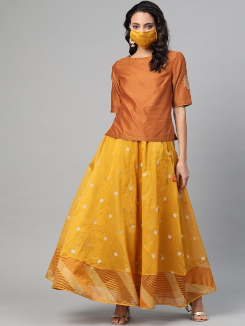 

Fabindia Women Rust & Mustard Striped Top with Skirt & Matching Mask with Handblock Print
