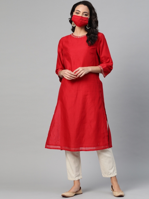 

Fabindia Women Red Golden Solid A-Line Kurta
