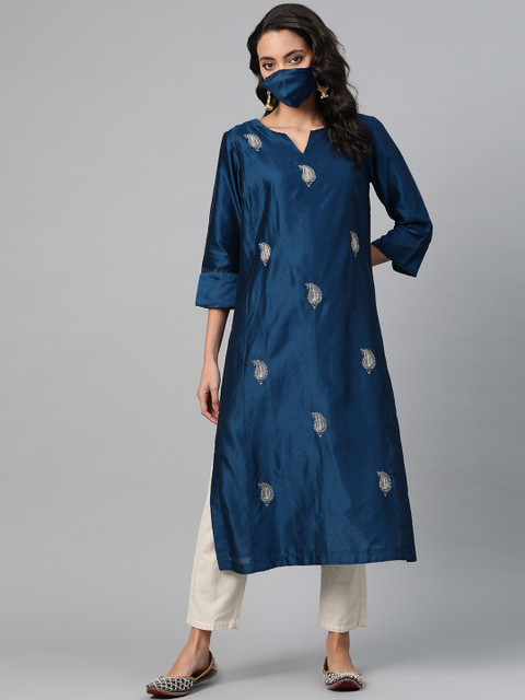 

Fabindia Women Navy Blue Golden Paisley Embroidered Straight Kurta