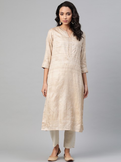 

Fabindia Women Beige Mukaish Embellished Handloom Straight Kurta