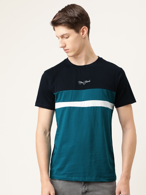 

The Indian Garage Co Men Teal Blue & Black Colourblocked Round Neck T-shirt