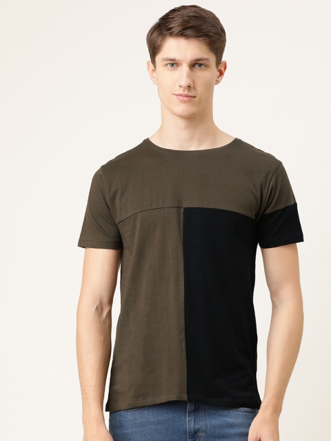 

The Indian Garage Co Men Olive Green & Black Colourblocked Round Neck T-shirt