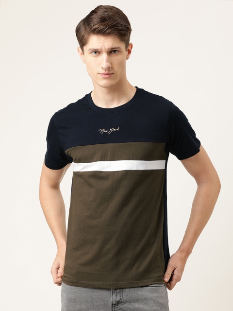 

The Indian Garage Co Men Olive Green & Navy Blue Colourblocked Round Neck T-shirt