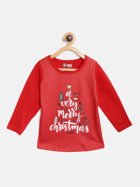 

Eteenz Girls Red White Pure Cotton Christmassy Printed Round Neck Pure Cotton T-shirt