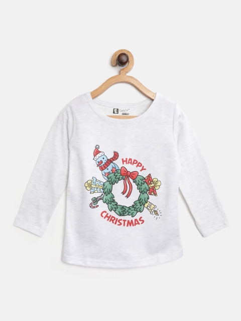 

Eteenz Girls Grey Melange Pure Cotton Christmassy Printed Round Neck T-shirt
