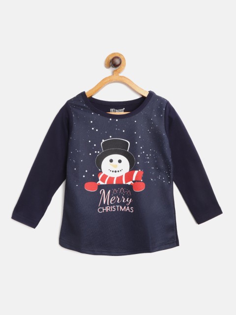 

Eteenz Girls Navy Blue White Pure Cotton Christmassy Printed Round Neck Pure Cotton T-shirt