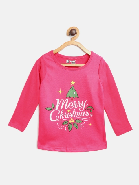 

Eteenz Girls Fuchsia Green Pure Cotton Christmassy Printed Round Neck Pure Cotton T-shirt