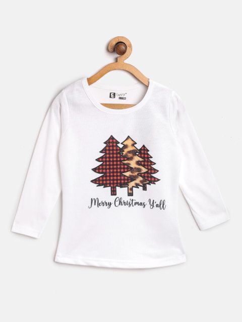 

Eteenz Girls White & Red Christmassy Print Round Pure Cotton Neck T-shirt