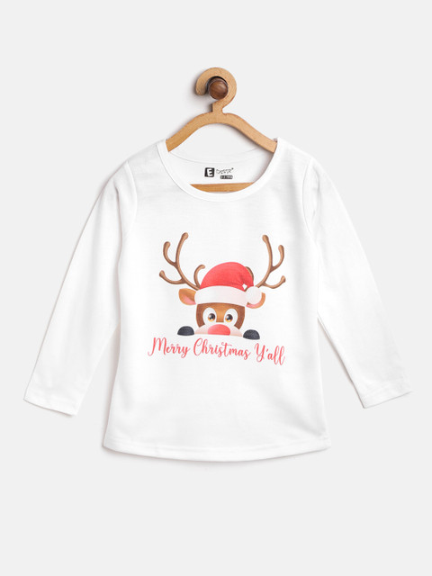 

Eteenz Girls White Brown Christmas Print Round Neck Pure Cotton T-shirt
