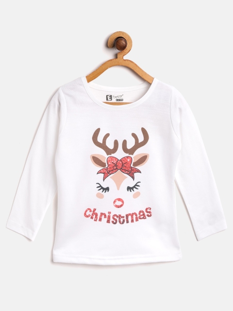 

Eteenz Girls White Brown Christmas Print Round Neck Pure Cotton T-shirt